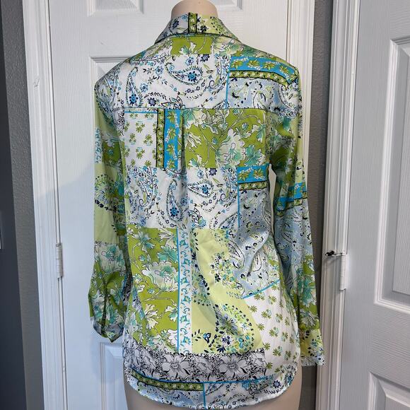Joie Women’s Patchwork Floral Button Down Blouse – Green Blue Print (Small) - Picture 2 of 5